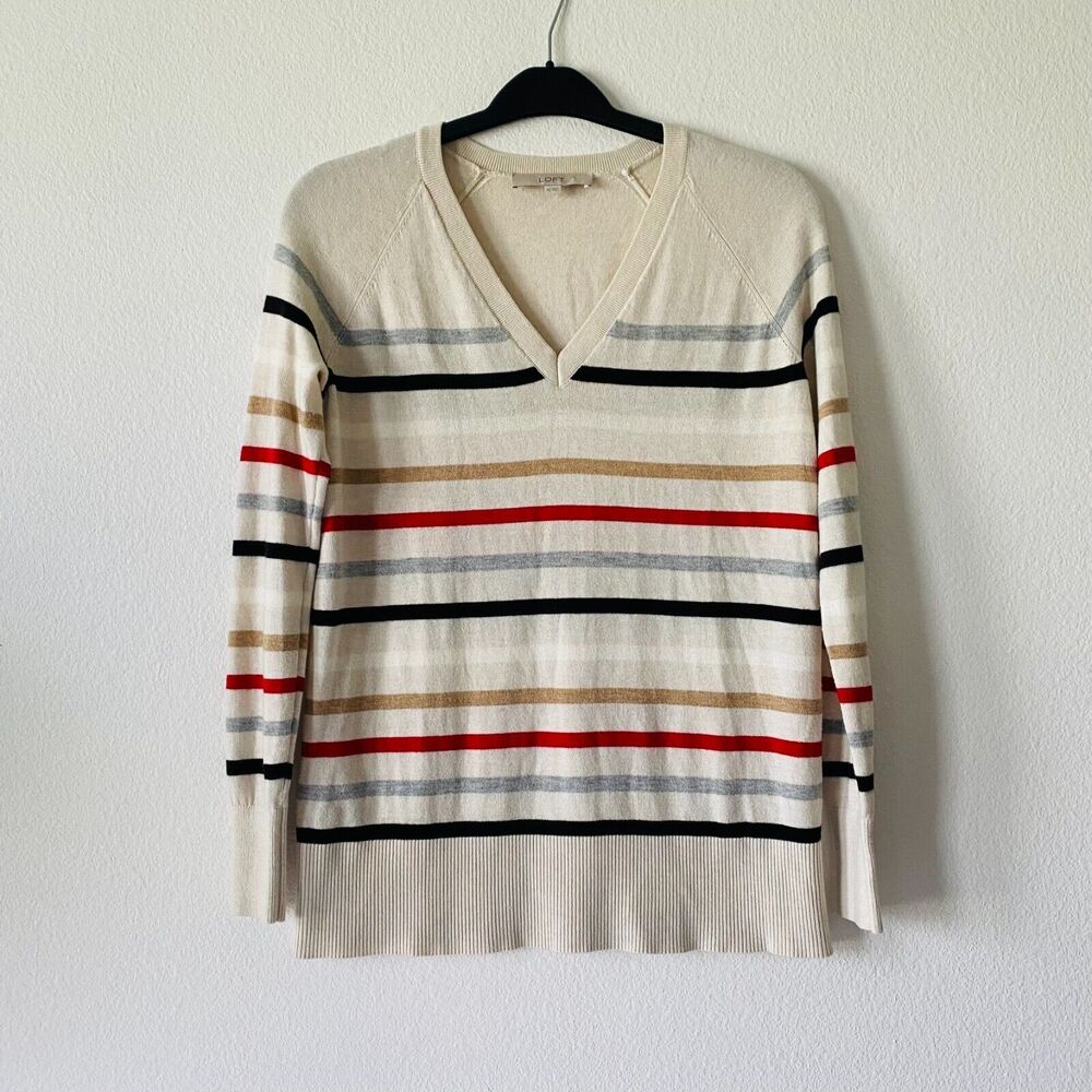 LOFT Women's Sweater Striped V-neck Soft Knit Pullover Size XS‎